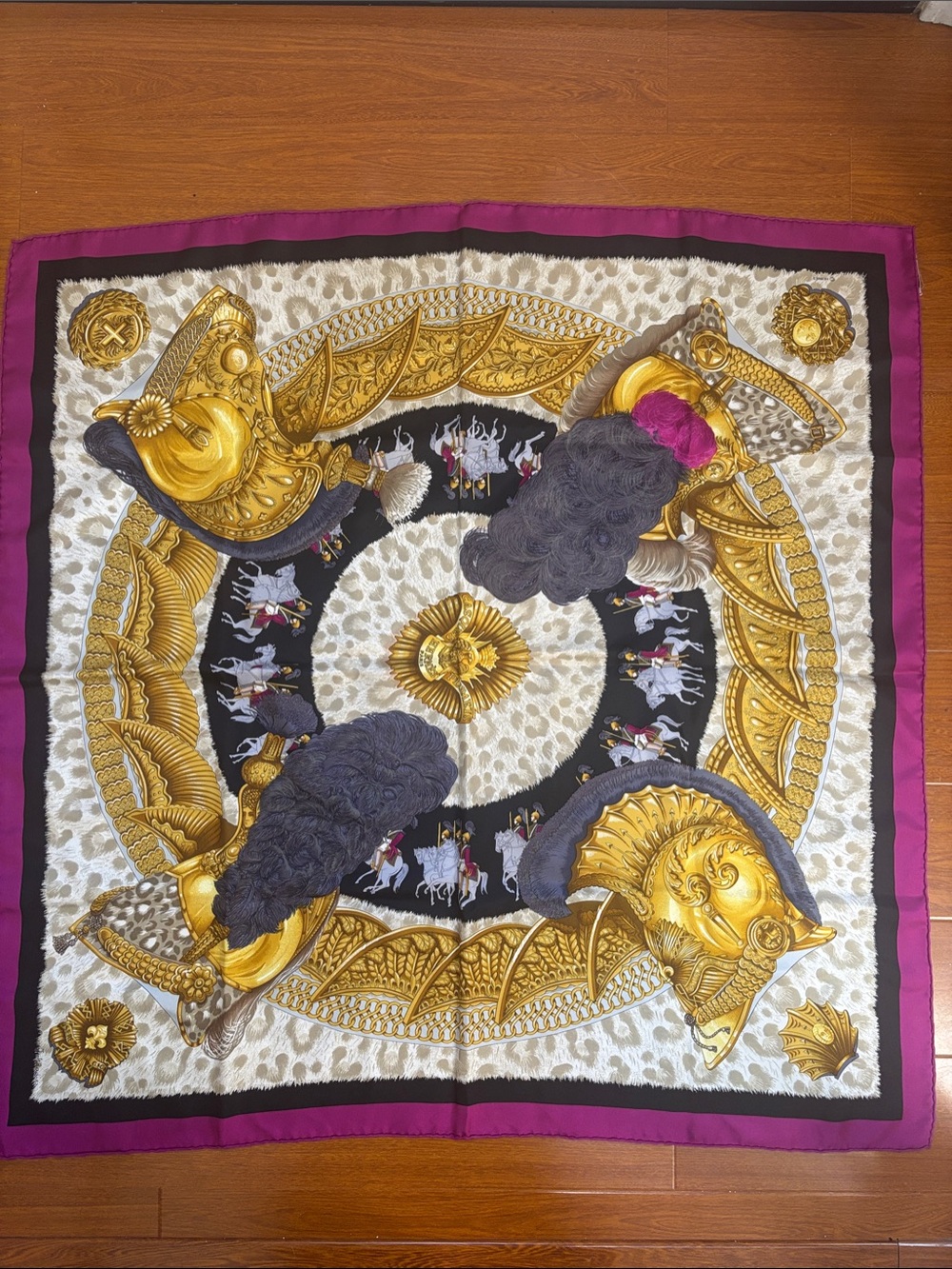 Hermes Purple Gold Black White Silk Scarf with Equestrian Helm Motifs - Picture 2 of 5